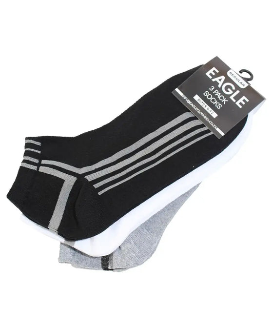 Three pairs of low cut athletic socks in black, white, and gray with stripes