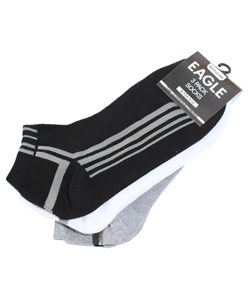 Three pairs of low cut athletic socks in black, white, and gray with stripes