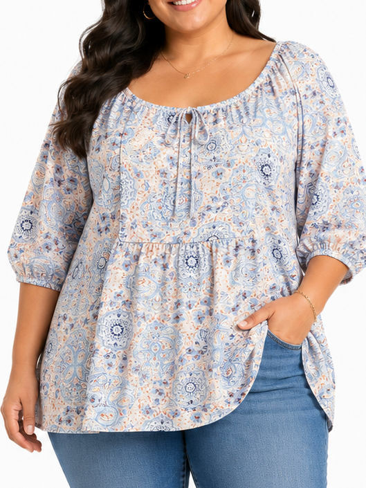 Lds Printed Peasant Detail Top
