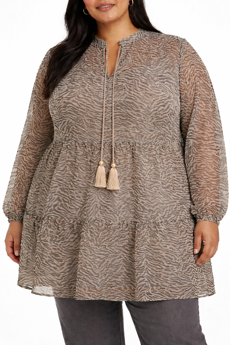 Ladies Printed Tiered Tassle Elast Cuff Top
