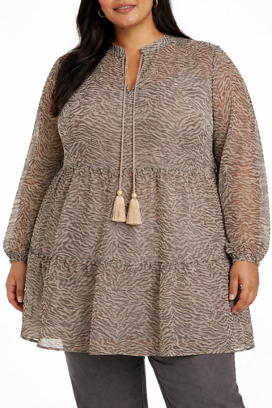 Ladies Printed Tiered Tassle Elast Cuff Top
