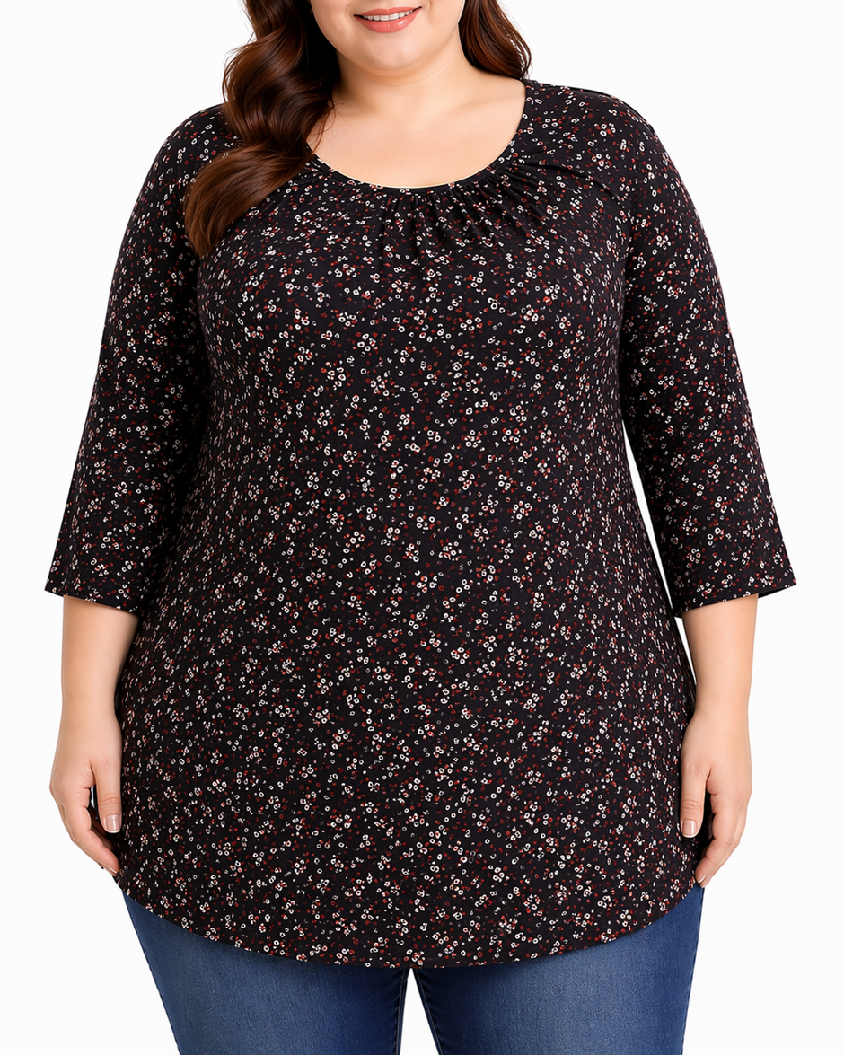 Printed Pleated Tunic 3/4 Sleeve