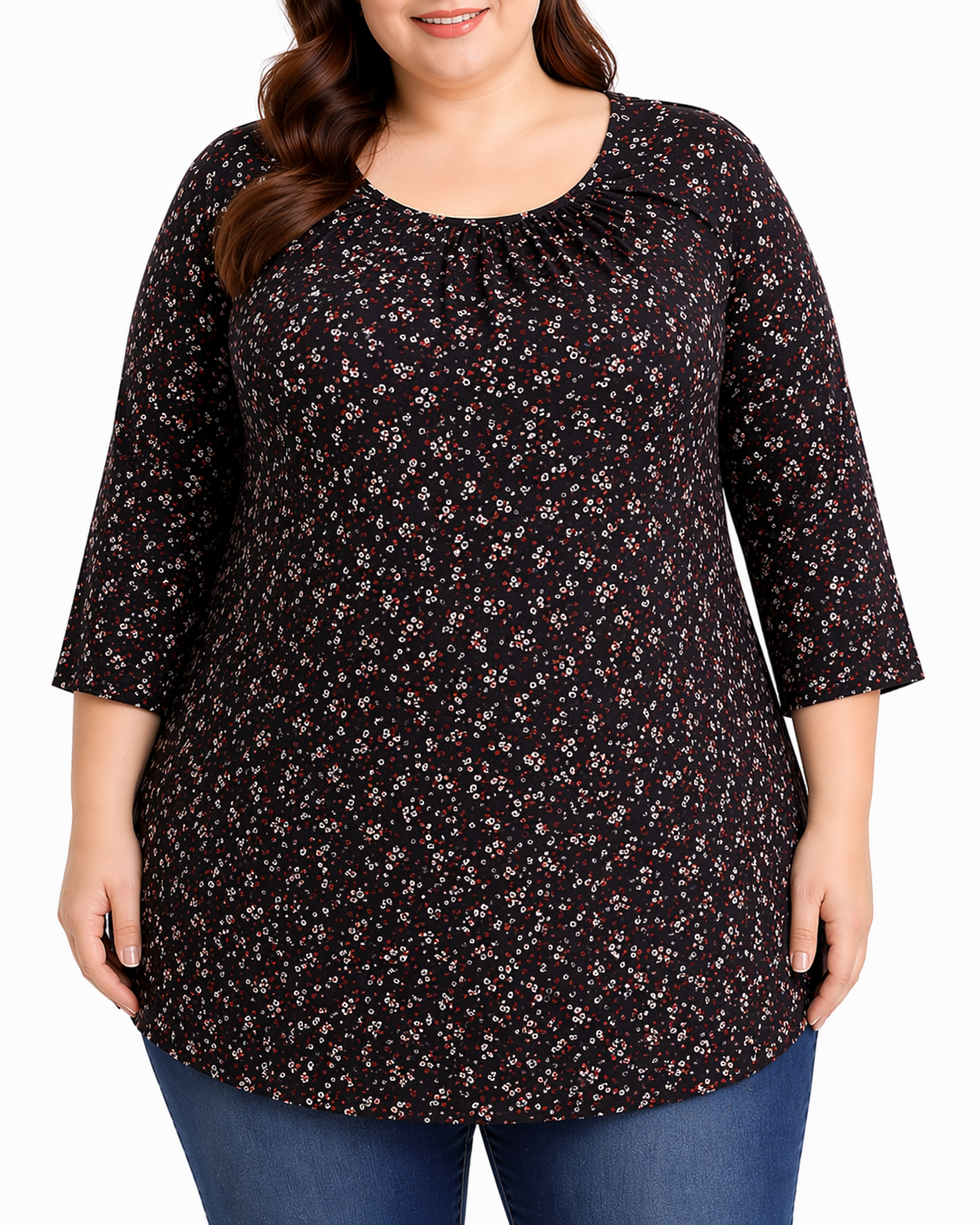 Printed Pleated Tunic 3/4 Sleeve