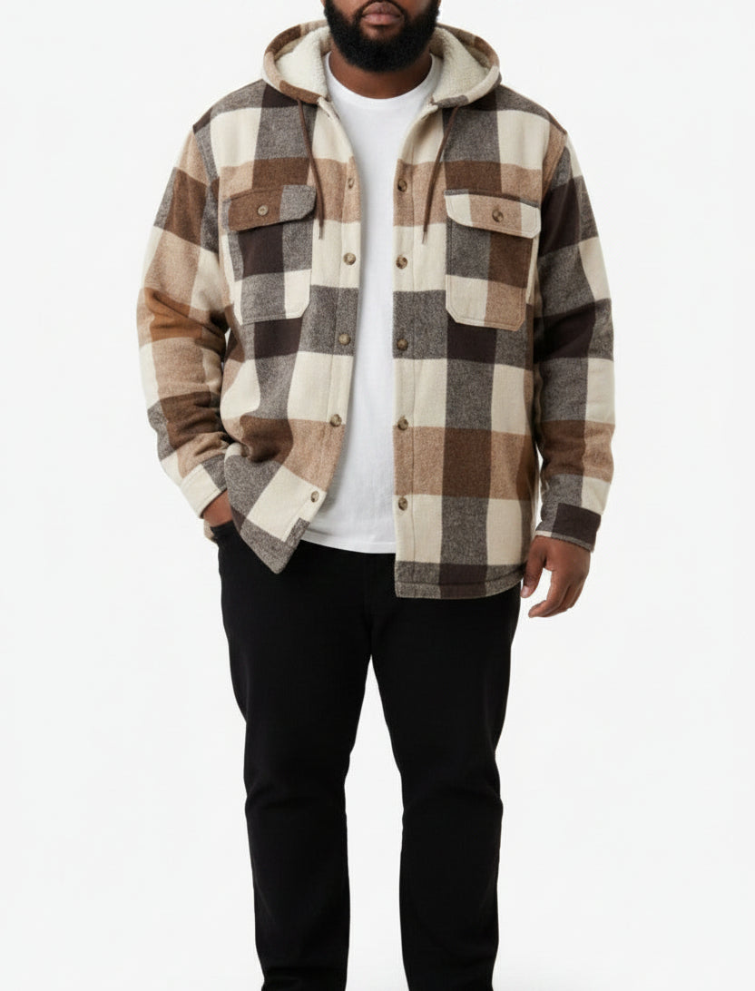 Mens Check Hooded Shackets Brown