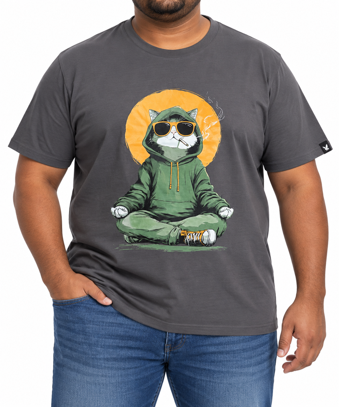 Printed Charcoal Tee with Zen Cat