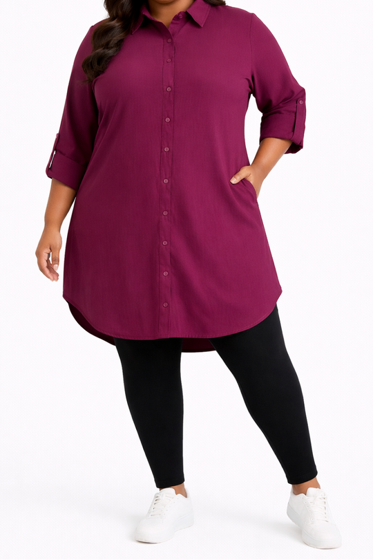 Ladies Plain Collar Shirt Dress Burg