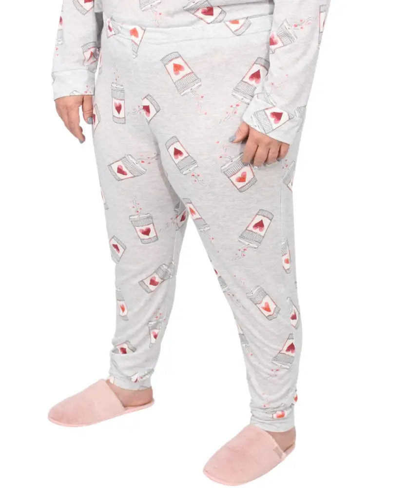 Ladies Coffee Detailed PJ Pants featuring wine glasses and hearts pattern on light background