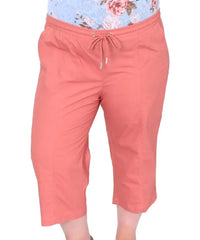Coral Ladies Cotton Capri pants with drawstring waist for comfortable summer style