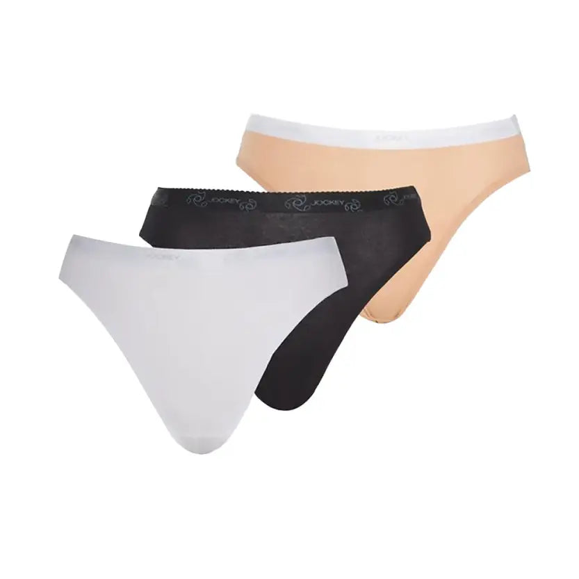 Three women’s briefs in white, black, and peach from Ladies Jockey 5 Pack French Cut