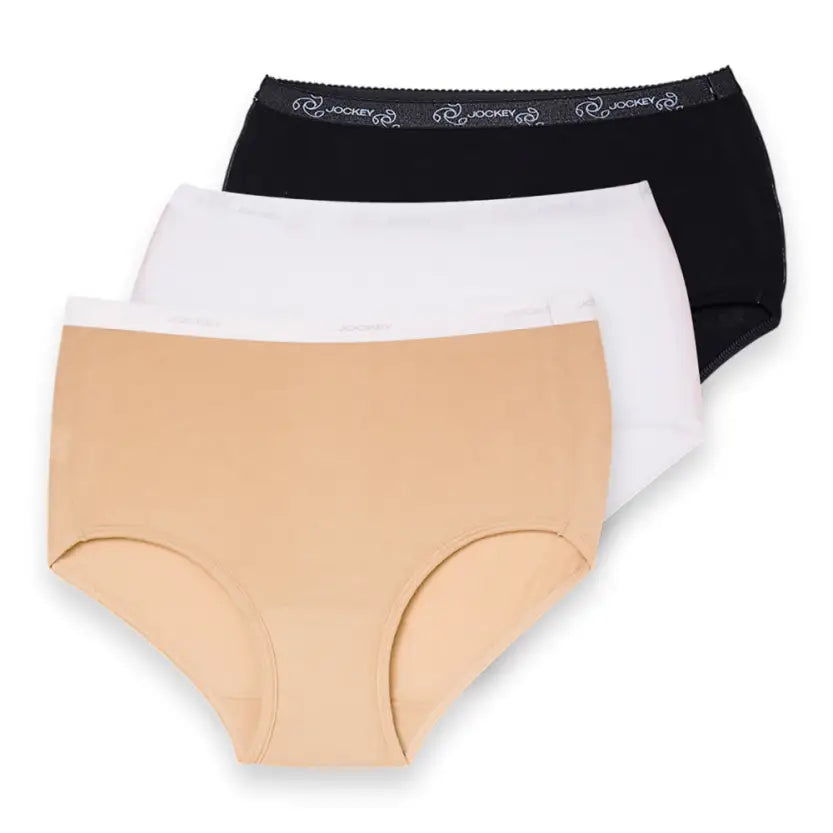 Three pairs of Ladies Jockey Full Briefs in black, white, and beige with Jockey logo elastic