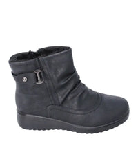 Black leather ankle boot with side zipper and buckle detail for Ladies Paradise Ruched