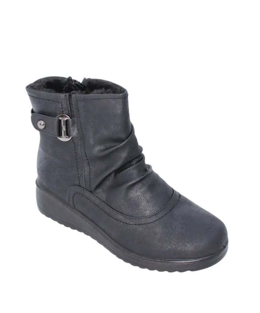 Black leather ankle boot with buckle detail and ruched upper from Ladies Paradise Ruched