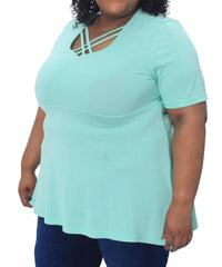 Mint green criss cross short-sleeved top from Ladies Plain Criss Cross Tunic collection