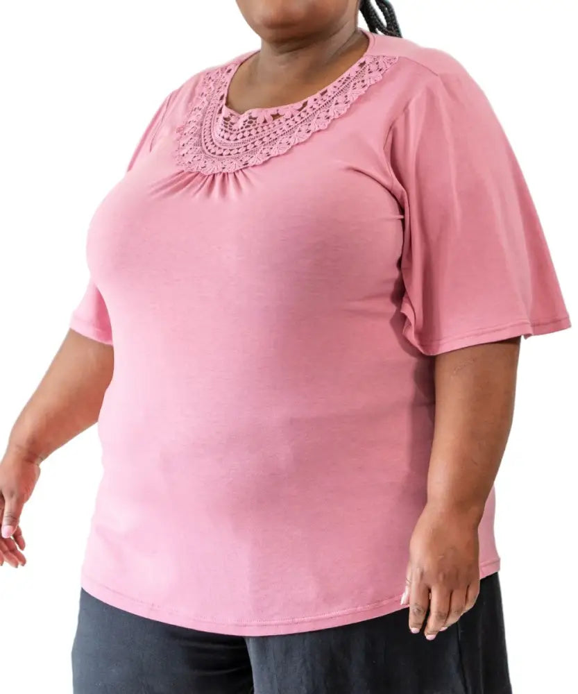 Pink short-sleeved top featuring a decorative lace neckline for ladies plain lace style