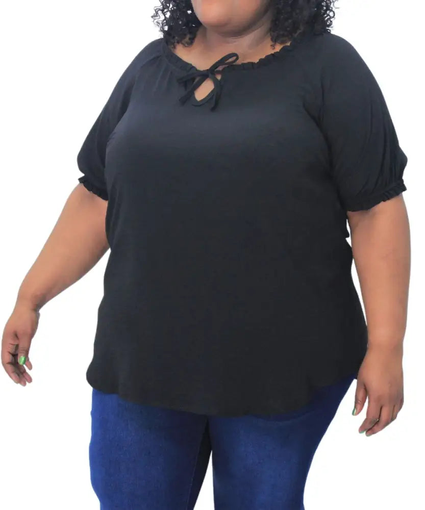 Black short-sleeved ladies plain peasant top with keyhole neckline on plus-size model