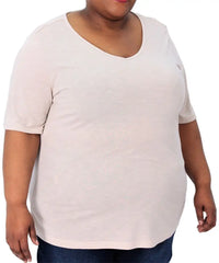 White ladies plain vneck tee worn by a person with a fuller figure showcasing style