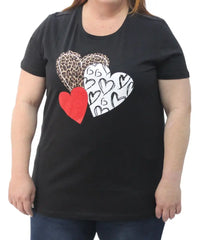 Black Ladies Printed Heart Tee featuring three stylish heart designs