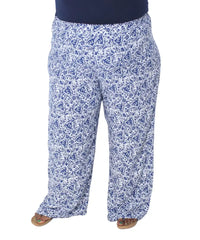 Floral print wide-leg ladies printed rayon pants in blue and white pattern