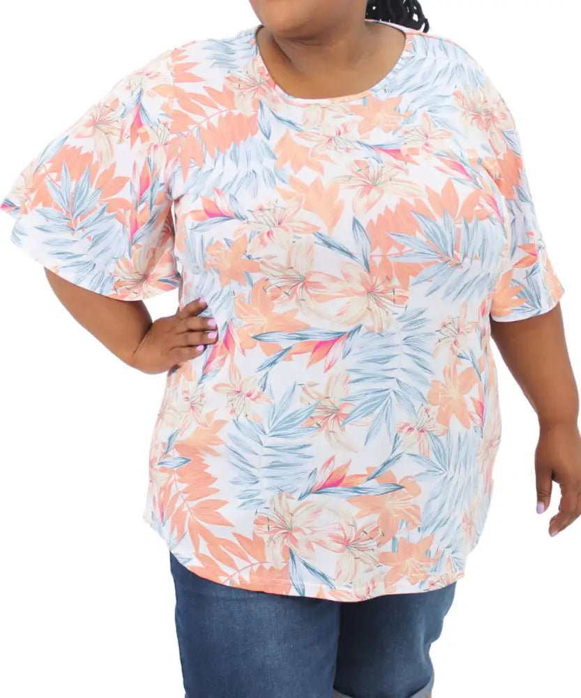 Floral print ladies printed tunic with short sleeves in pastel colors