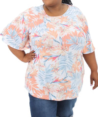 Floral print ladies printed tunic with short sleeves in pastel colors