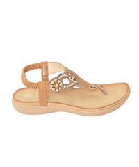 Beige Ladies Savoy LQK3163 Thong Sandal with floral embellishments and ankle strap