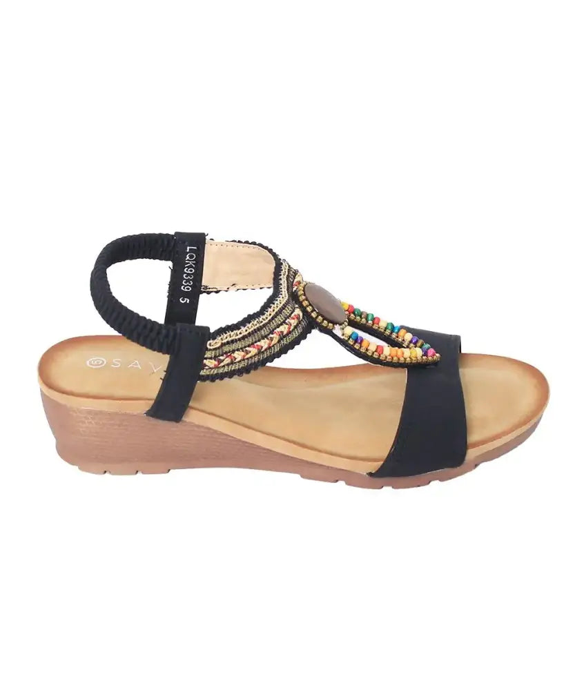 Beaded Ladies Savoy LQK9339 Wedge Sandal with black strap and low wedge heel