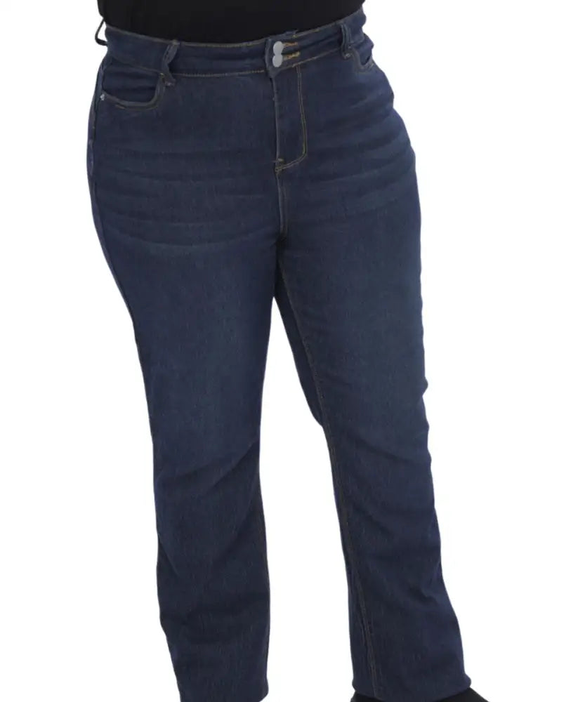 Pair of dark blue Ladies Straight Leg Denim jeans featuring a stylish belt