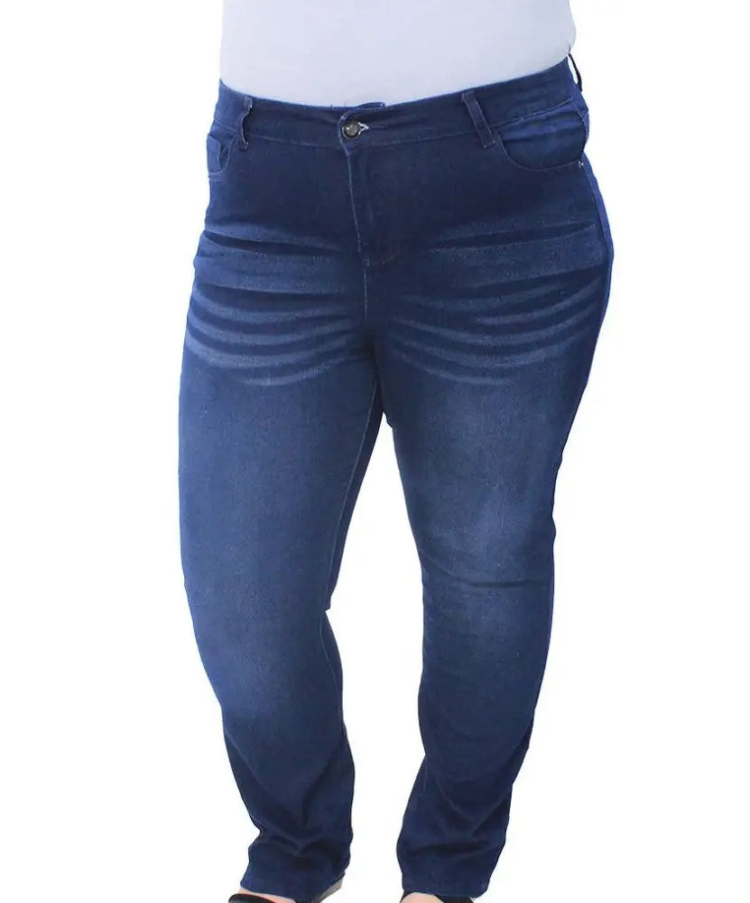 Pair of dark blue ladies Tiffany high waist straight leg denim jeans with faded look