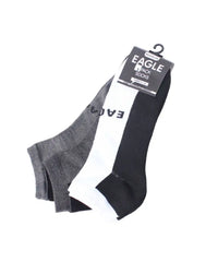 Three pairs of Men’s low cut pack socks provide breathability in gray, white, and black
