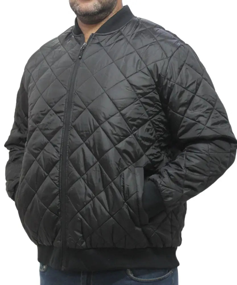 Quilted black bomber jacket with zipper front for stylish menswear options