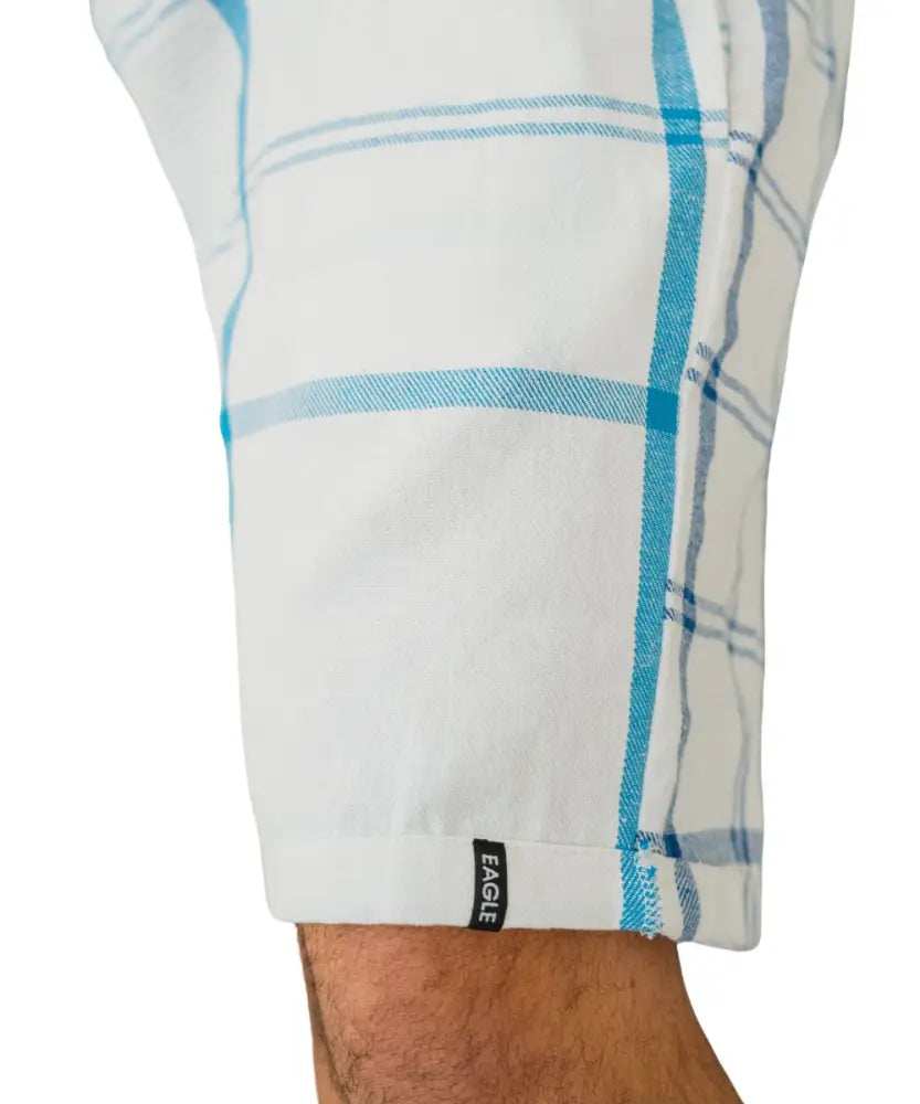 White plaid Mens Braai Shorts with blue pattern and brand tag visible