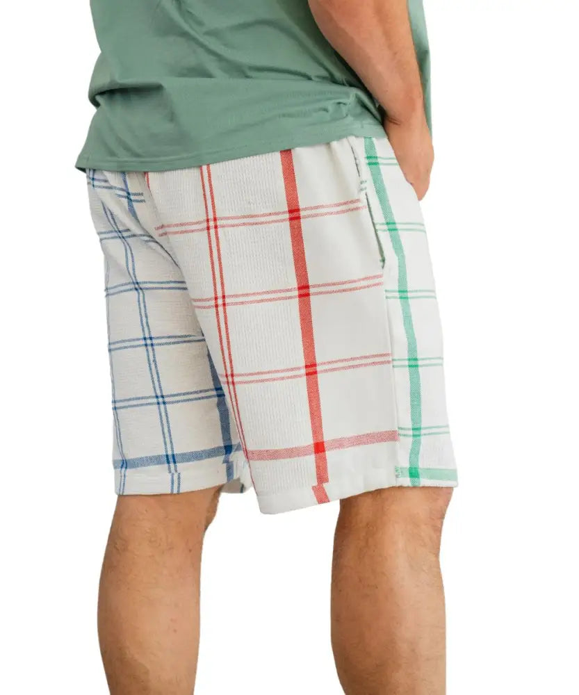 Mens Braai Shorts featuring plaid pattern with colorful lines on white background
