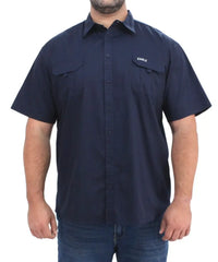 Navy blue short-sleeved Mens Bush Shirt with chest pockets for a stylish look