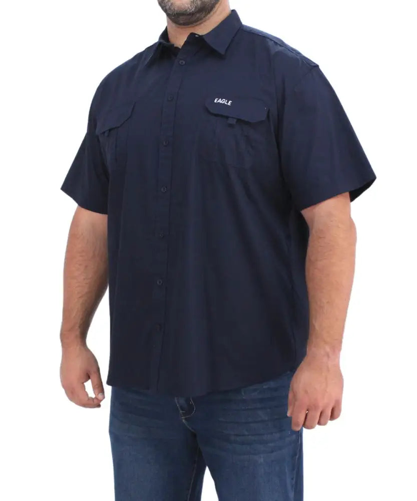 Navy blue short-sleeved Mens Bush Shirt with chest pocket for casual style