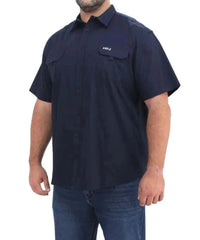 Navy blue short-sleeved Mens Bush Shirt with chest pocket for casual style