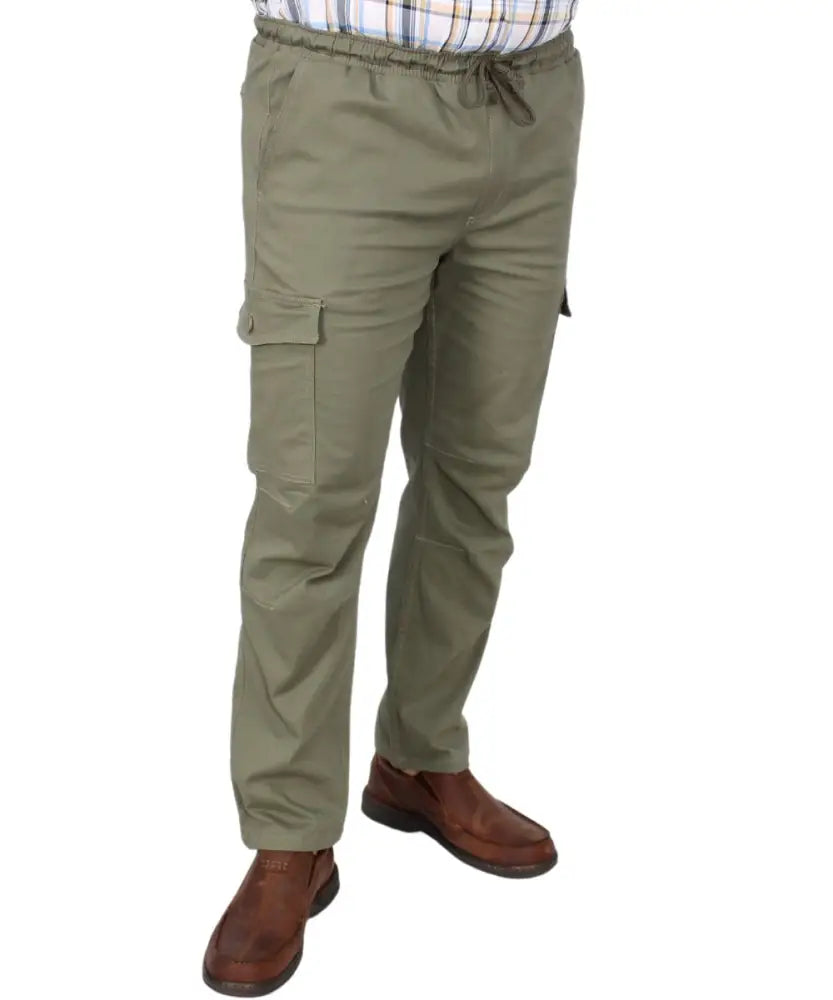 Olive green cargo pants with side pockets and elastic waistband for men