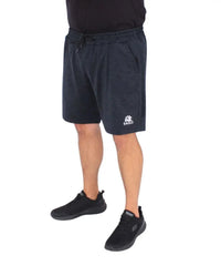 Navy blue mens cationic fleece shorts with a white logo on the left leg