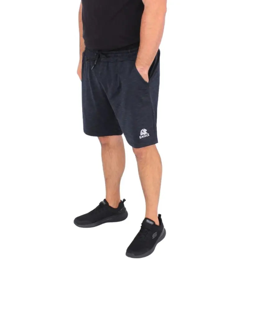 Navy blue Mens Cationic Fleece Shorts with white logo on left leg for active wear