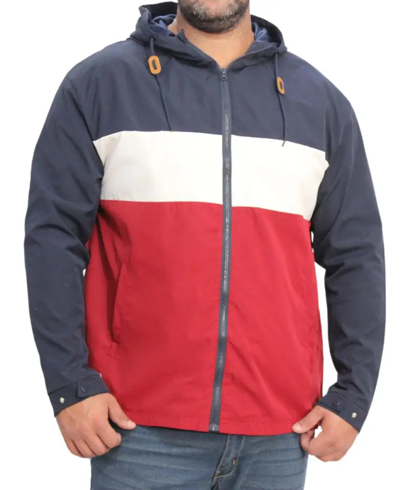Tricolor hooded Mens Colour Block Jacket in navy, white, and red horizontal sections