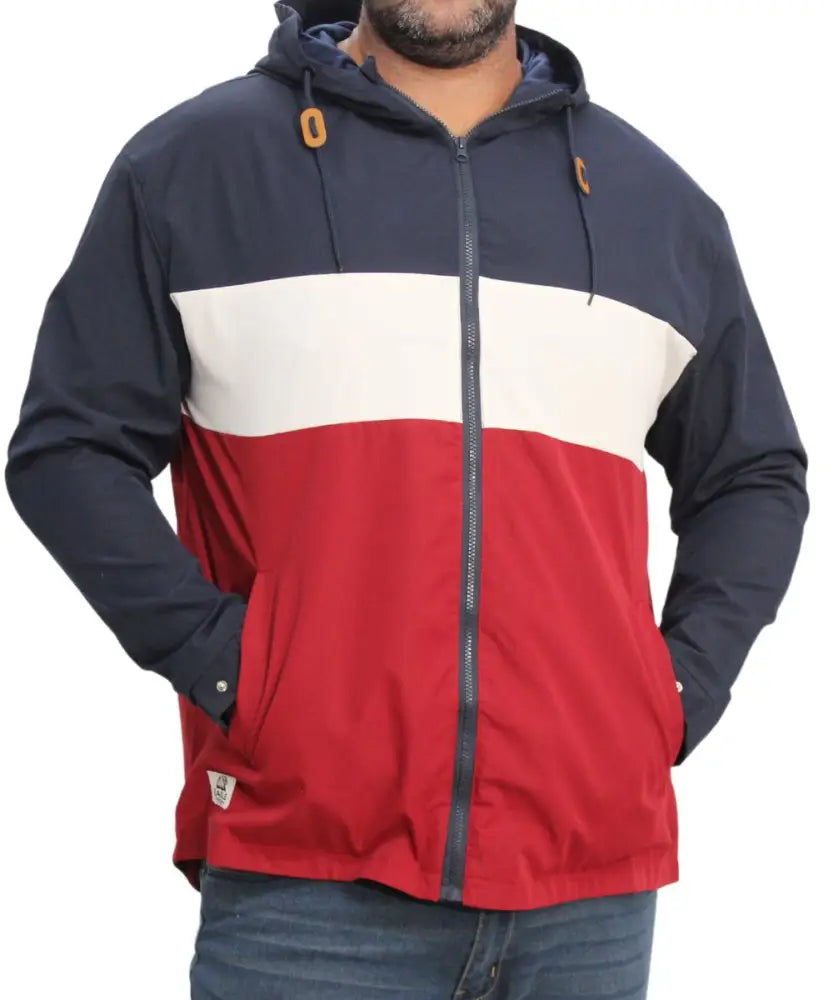 Tricolor hooded jacket featuring navy, white, and red in a stylish colour block design