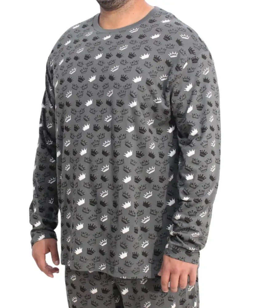 Gray Mens Crown Detail PJ Top featuring a pattern of black and white eyes