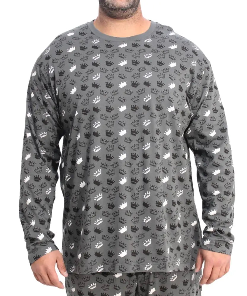 Gray Mens Crown Detail PJ Top featuring a pattern of white and black hand gestures