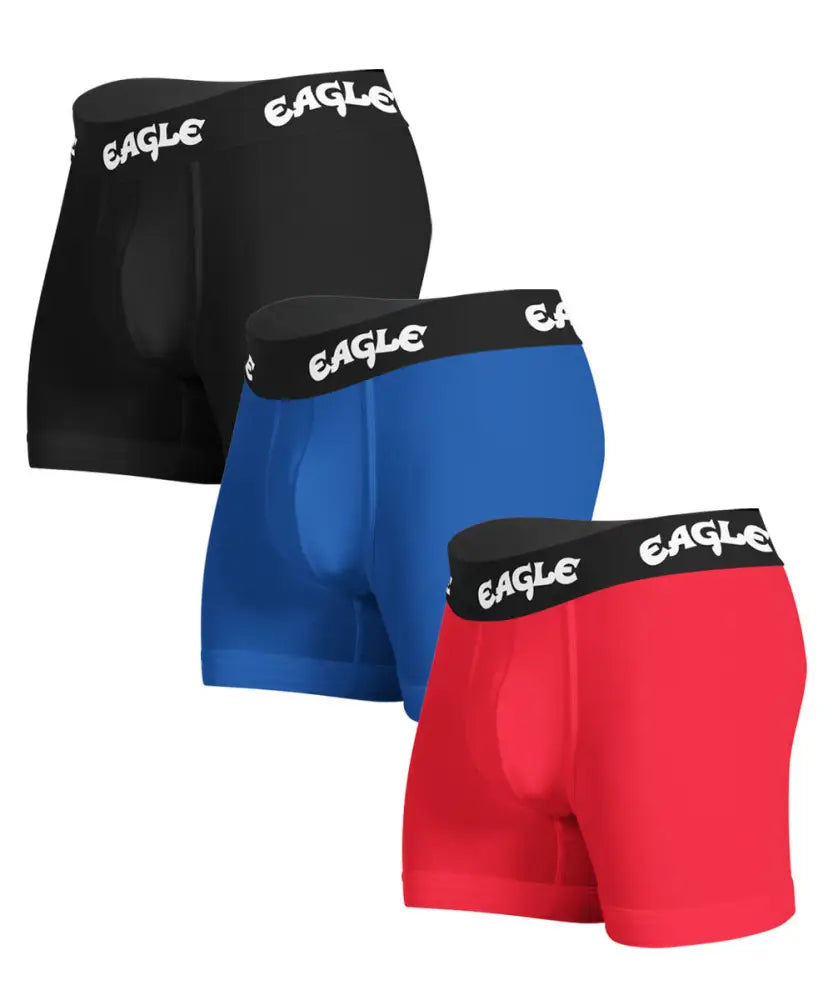 Mens Eagle 3 Pack Cotton Trunks in black, blue, and red with printed waistbands