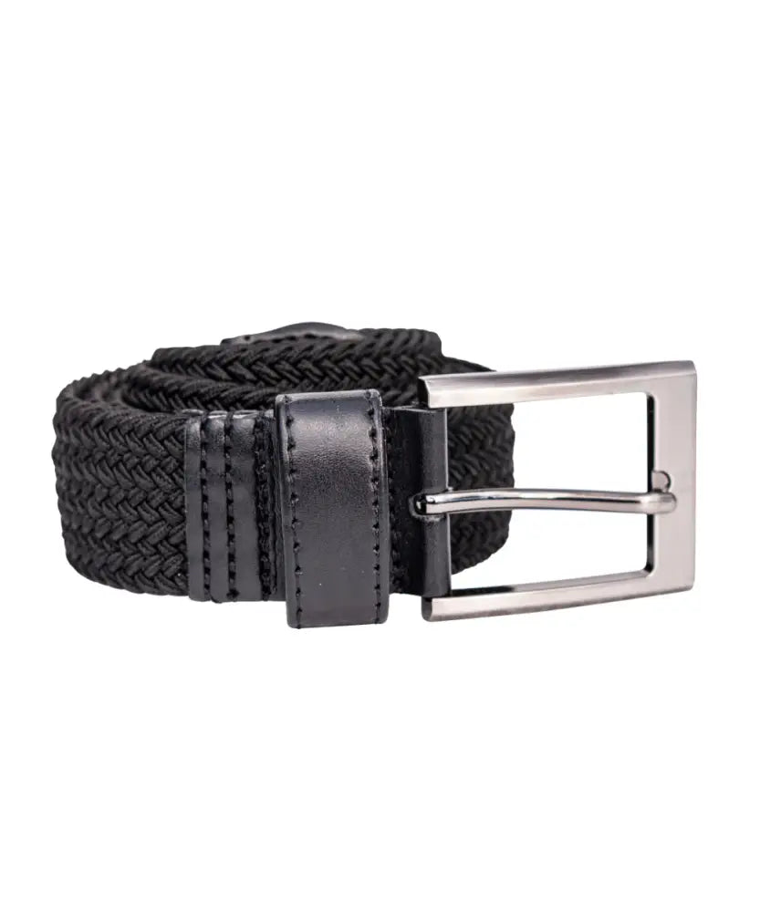 Black woven elasticated mens Eagle belt with silver buckle and leather trim
