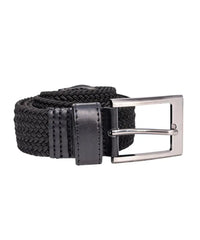 Black woven elasticated mens Eagle belt with silver buckle and leather trim