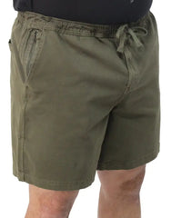 Olive green mens elasticated cotton shorts with drawstring waist and side pockets