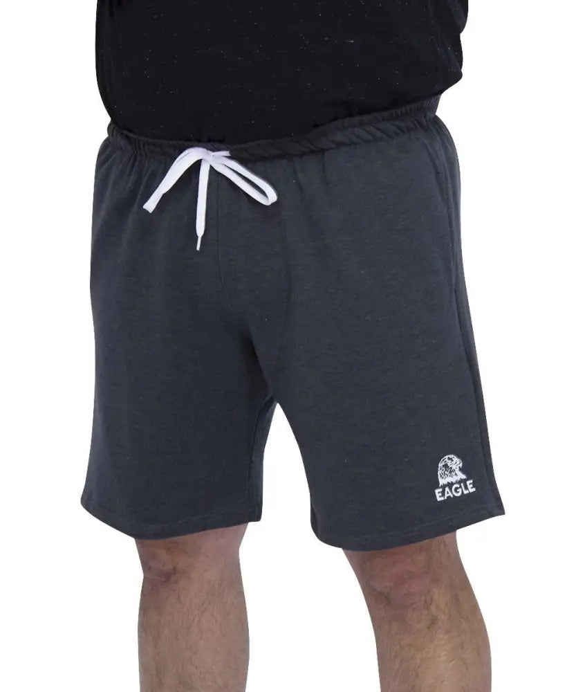 Dark gray Mens Fleece Shorts with white drawstring and logo on left leg