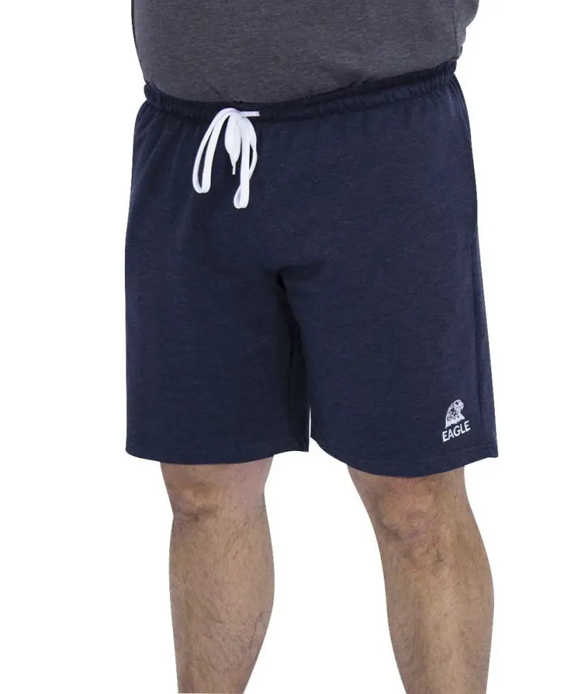 Navy blue mens fleece shorts with white drawstring and logo on left leg