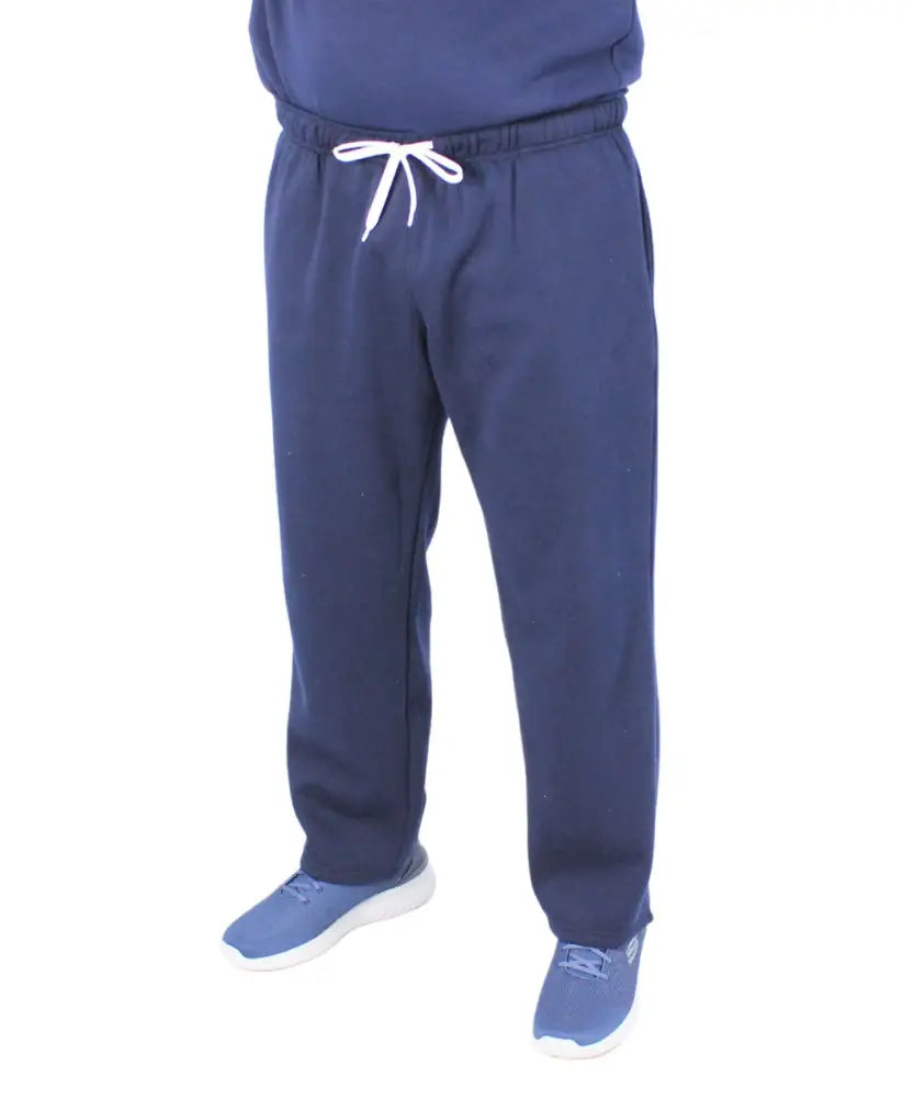 Navy blue mens fleece track pants with white drawstring waist for comfort and style