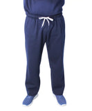 Navy blue mens fleece track pants with white drawstring waist for comfort and style
